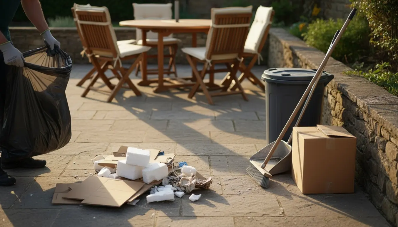 Person rydder pap og flamingo op på en terrasse om eftermiddagen, mens havemøbler forbliver urørte.