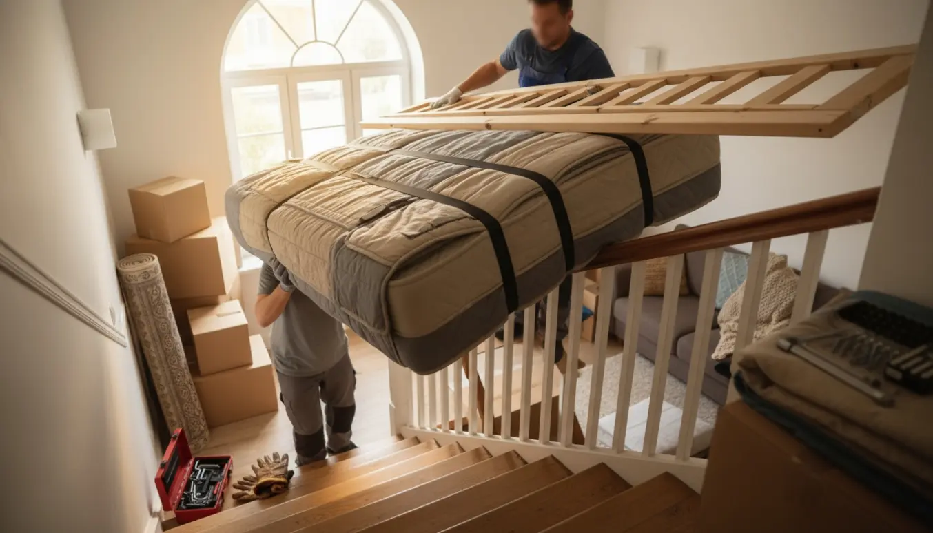 To personer bærer en 140x200 seng ned ad en smal trappe med flyttetæpper og dolly.