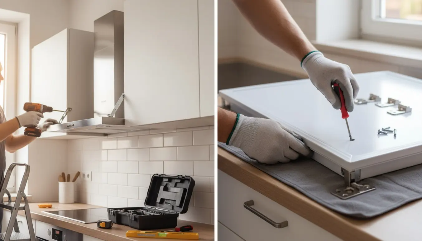 Montering af en smal emhætte under et overskab og påsætning af en køleskabslåge med hænder og værktøj i fokus.