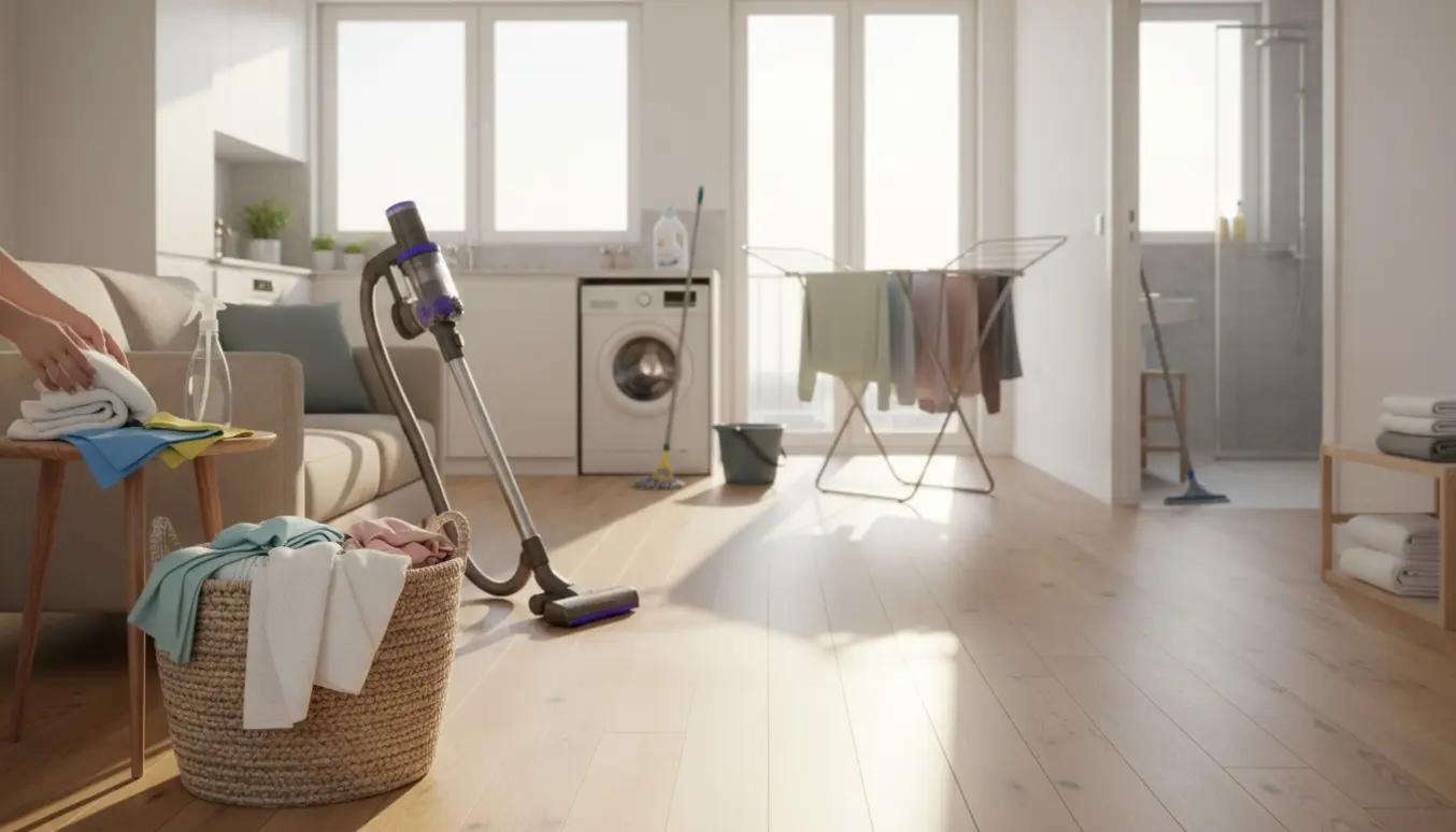 Lyse lejlighedsværelser med rengøringsudstyr og en vasketøjskurv med foldet tøj.