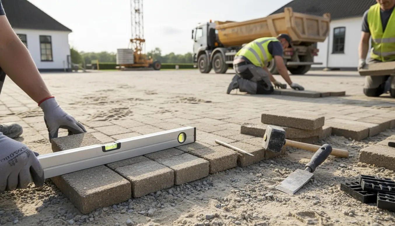 Nærbillede af arbejdstagere, der retter og vatter store herregårdssten med vaterpas og gummihammer på en gårdsplads.