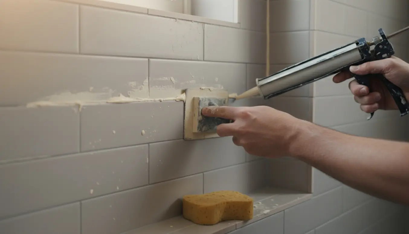 Nærbillede af re-fugning af fliser, med hænder der påfører nye horisontale og enkelte lodrette fuger.