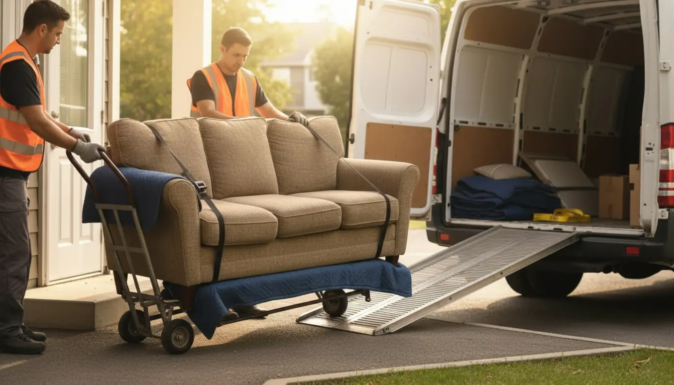 En lille trepersoners sofa bæres ud af et hjem og læsses på en ubrandet varevogn.