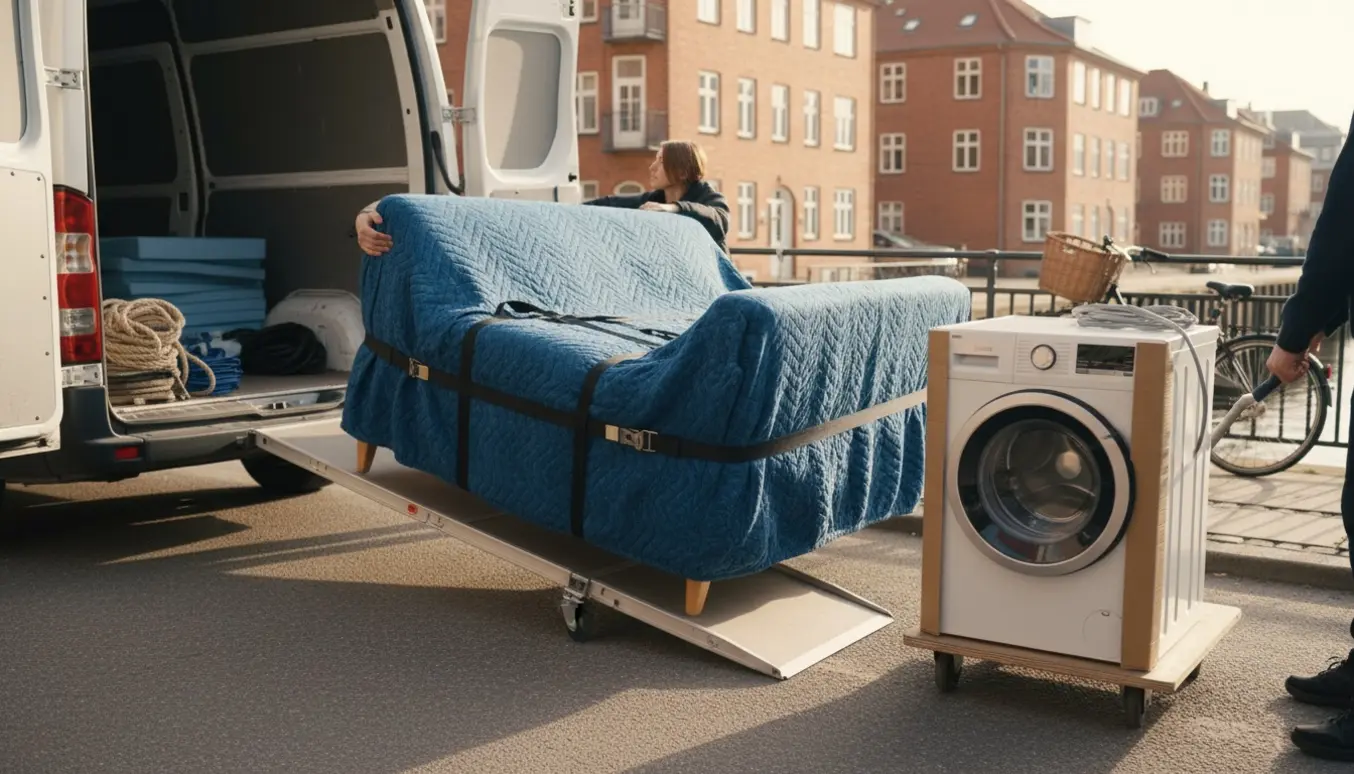 Flyttefolk læsser en indpakket sofa og en vaskemaskine ind i en varevogn på en rolig bygade.