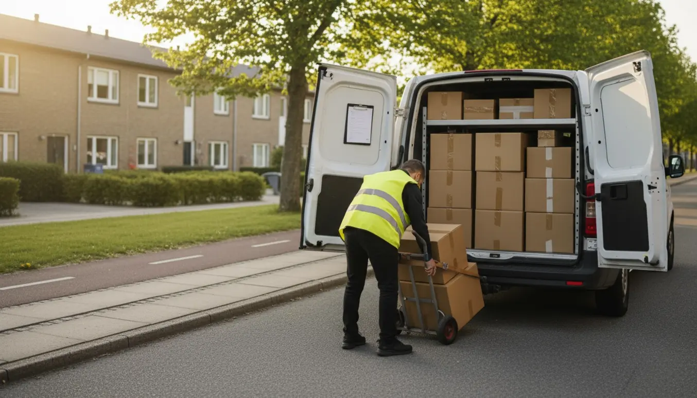 En varebil i Albertslund hvor en person fra ryggen læsser pakker på en tralle i varmt aftenslys.