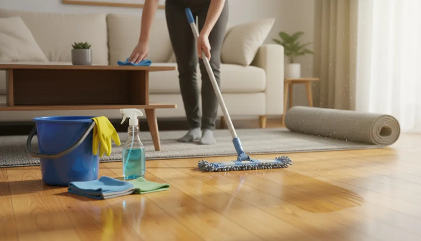 Nogen vasker gulvet og tørrer overflader i en lys og ryddelig lejlighed.
