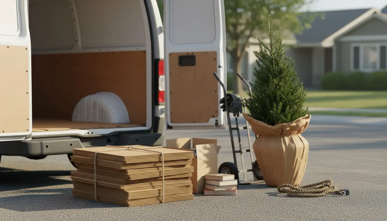 Åben varevogn med sammenpresset pap, nogle bøger og et lille bundet juletræ klar til bortkørsel.