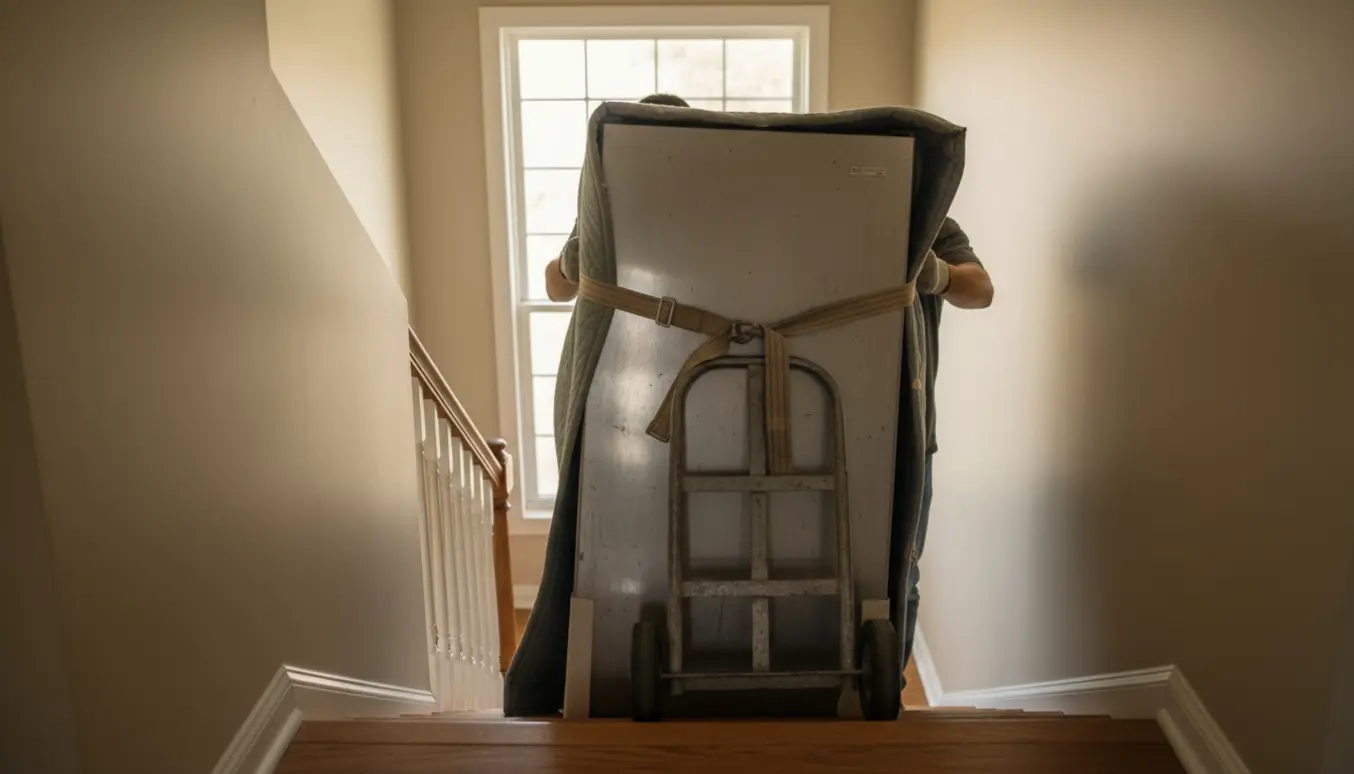 Et køleskab bæres op ad en smal trappe af to flyttefolk med trappetralle, stropper og beskyttelsestæpper.