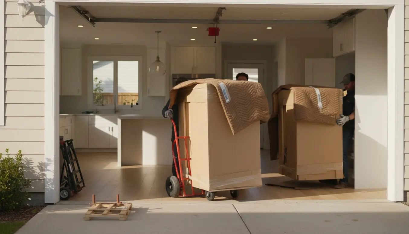 To personer bærer to delvist indpakkede køkkenskabe fra carporten ind i et lyst køkken.