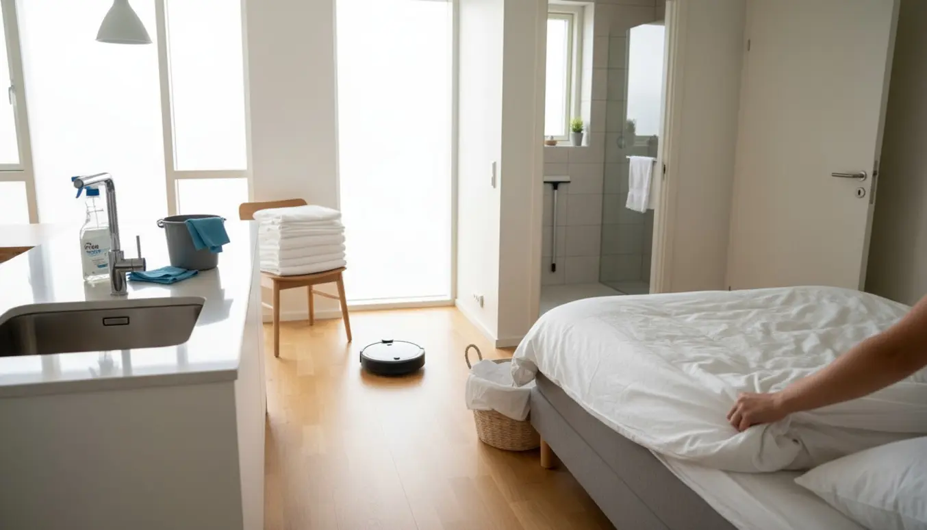 Hænder skifter sengetøj i et lyst Airbnb-hus med robotstøvsuger og rengøringsmidler klar.