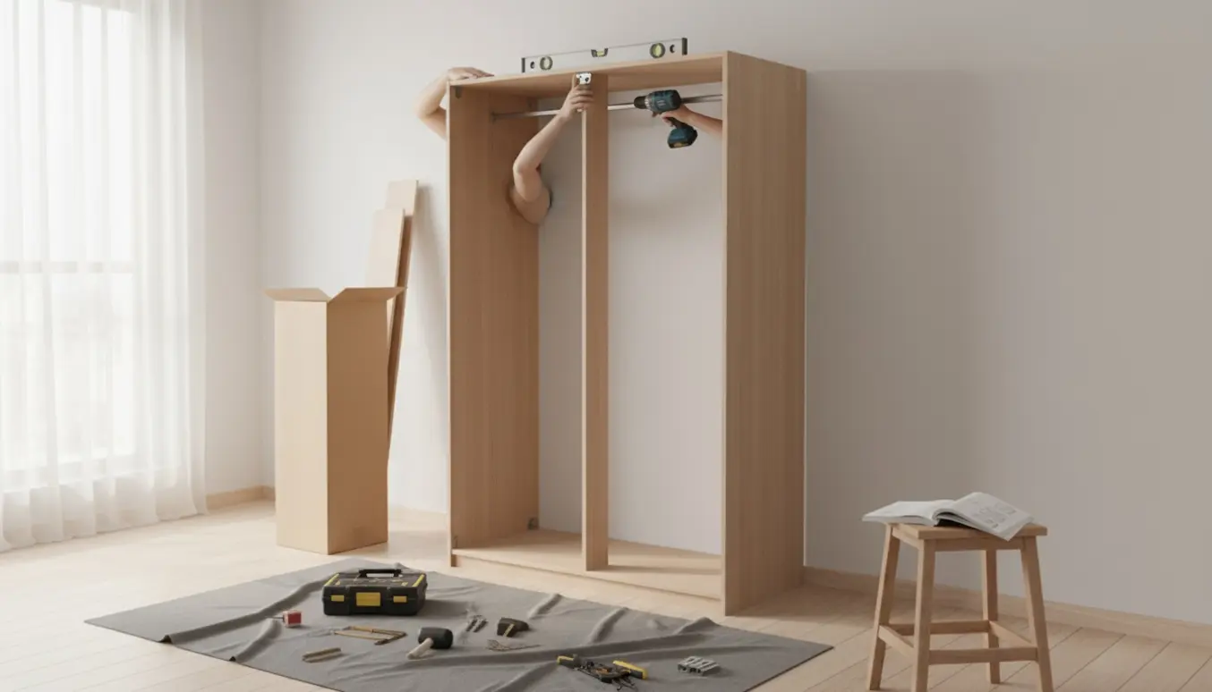 Et nyt højt klædeskab holdes på plads og fastgøres til væggen med bor og beslag.