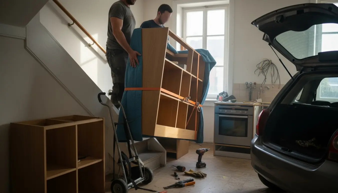 To personer bærer et køkkenskab ned ad en trappe mod en åben lille bils bagagerum med værktøj og afdækningsmateriale omkring.