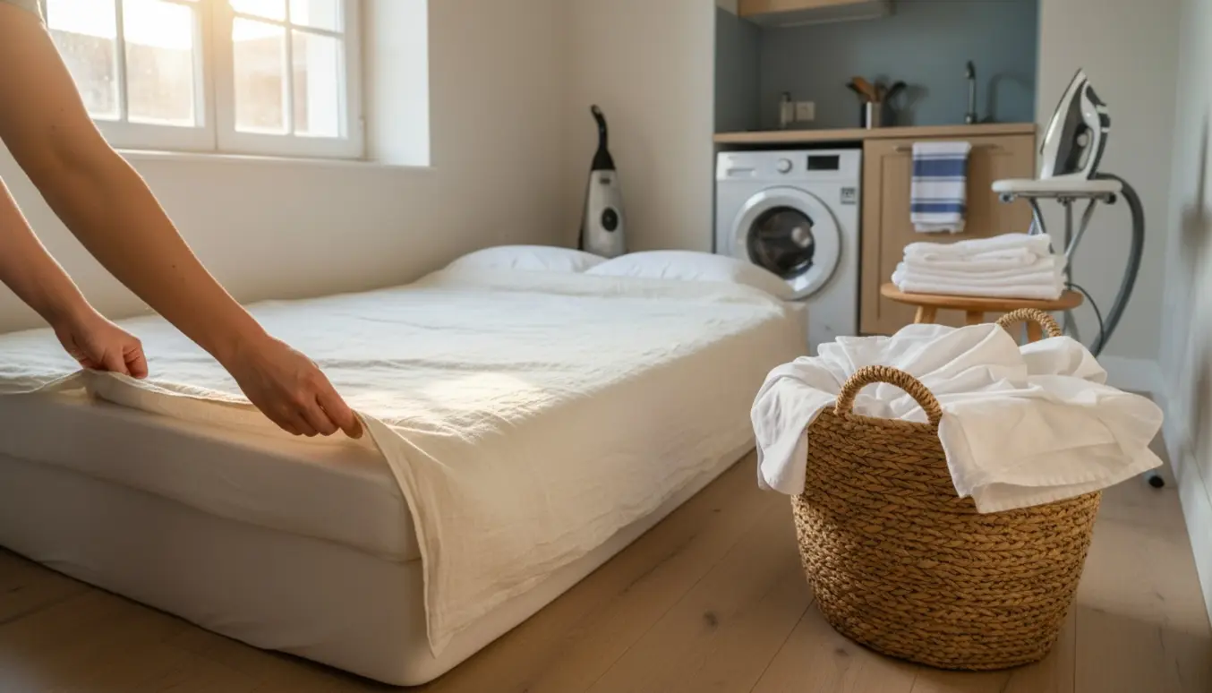 Hænder redder sengen i et lyst, velordnet Airbnb-studie med nyvasket sengetøj og en vasketøjskurv.