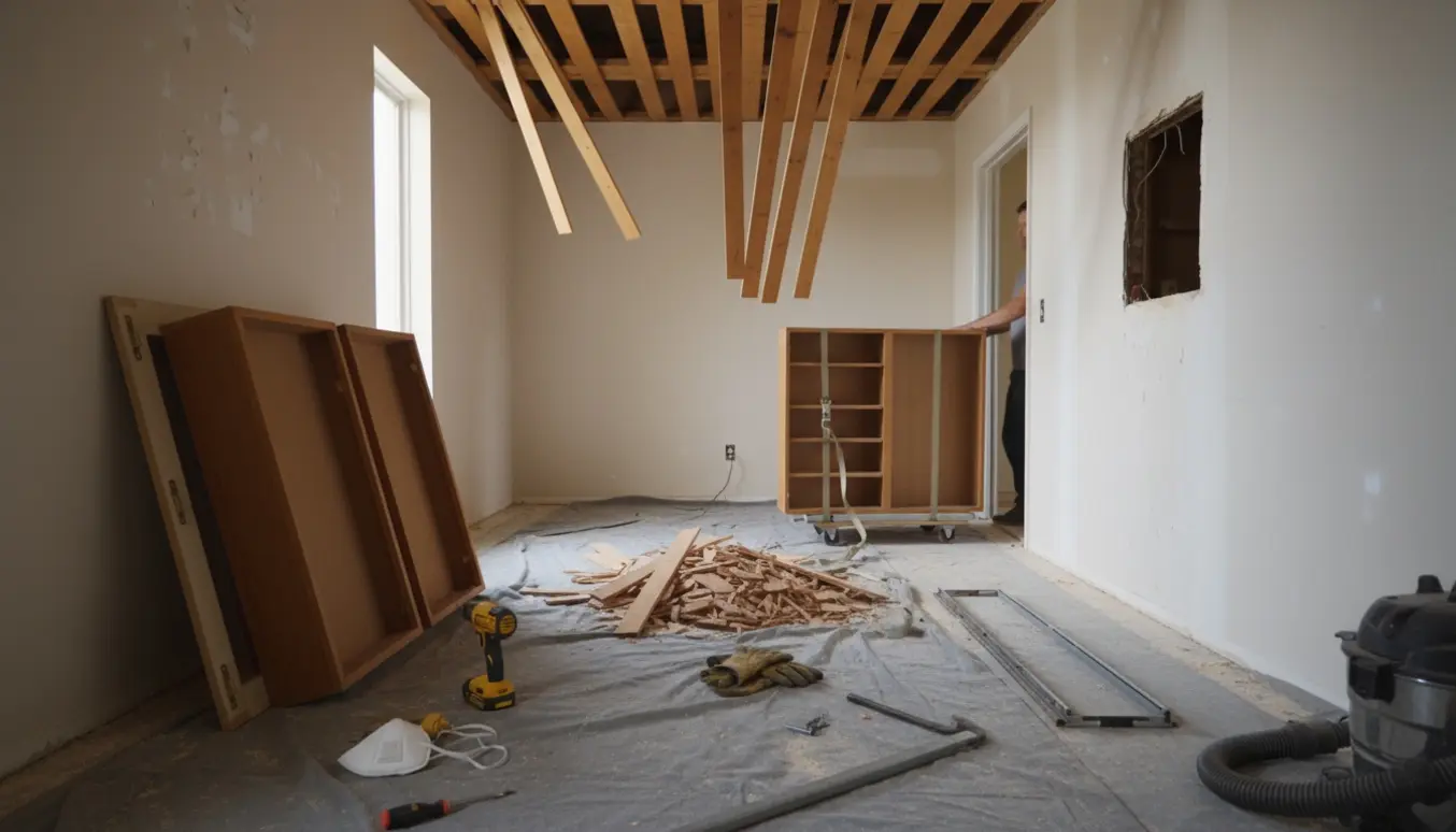 Delvist fjernet 70'er lamelloft i en opgang med nedtagne skabe, løse metalspor og værktøj på gulvet.