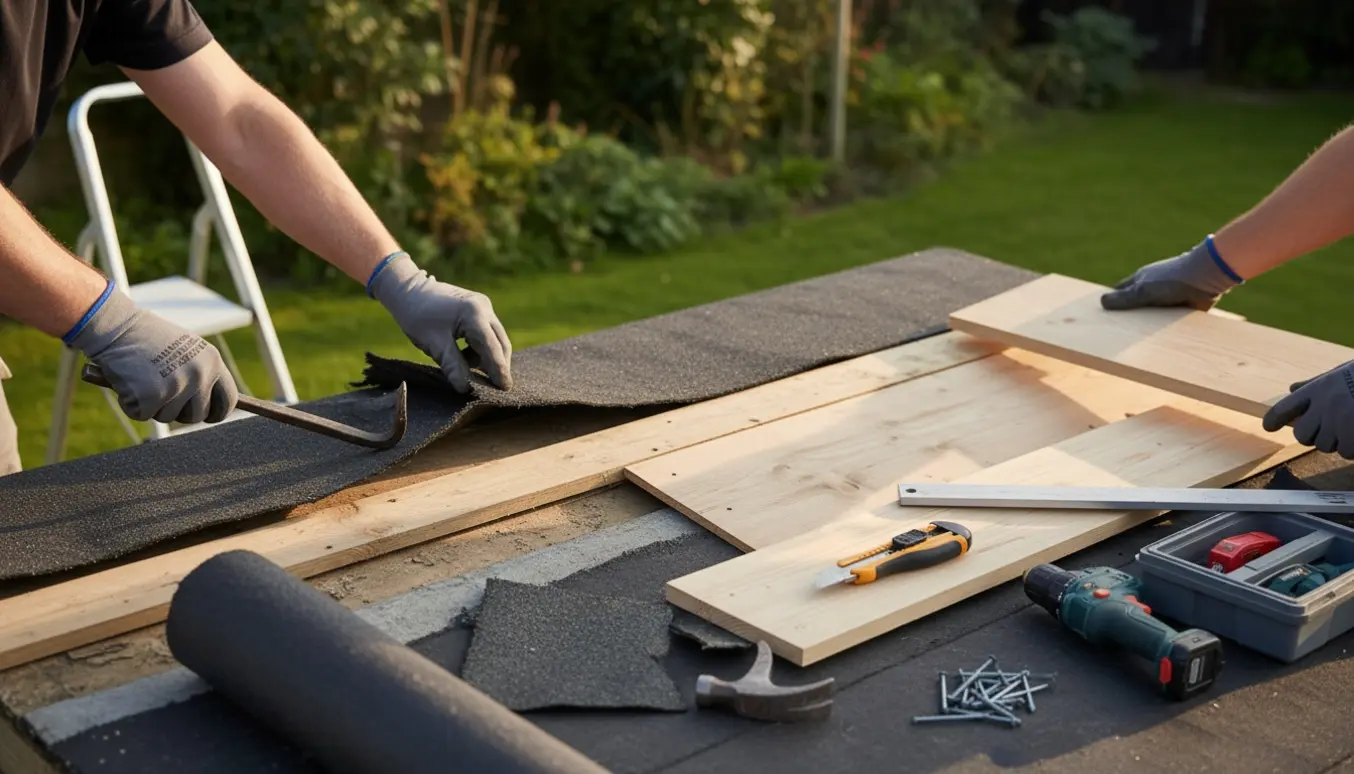 Nærbillede af tagreparation på et lille haveanneks med gammelt tagpap fjernet og nye sternbrædder klar til montering.