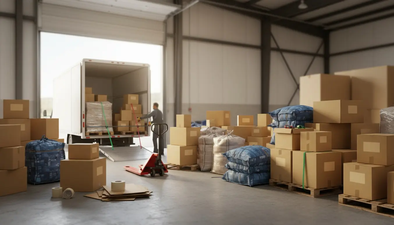 Stort opbevaringsrum med stabler af flyttekasser og sække ved en åben varebil, klar til flytning.