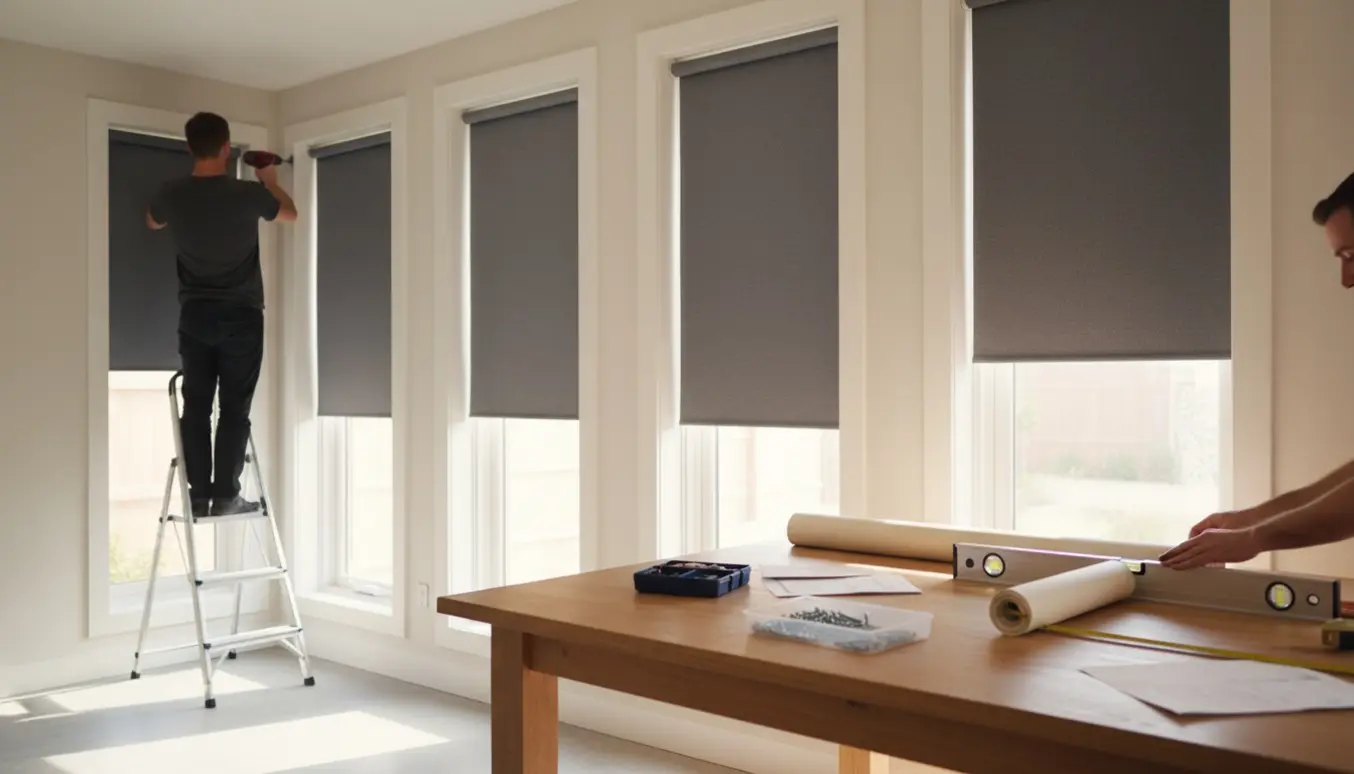 Person på en lille stige monterer rullegardinbeslag ved høje vinduer, med værktøj på et bord.