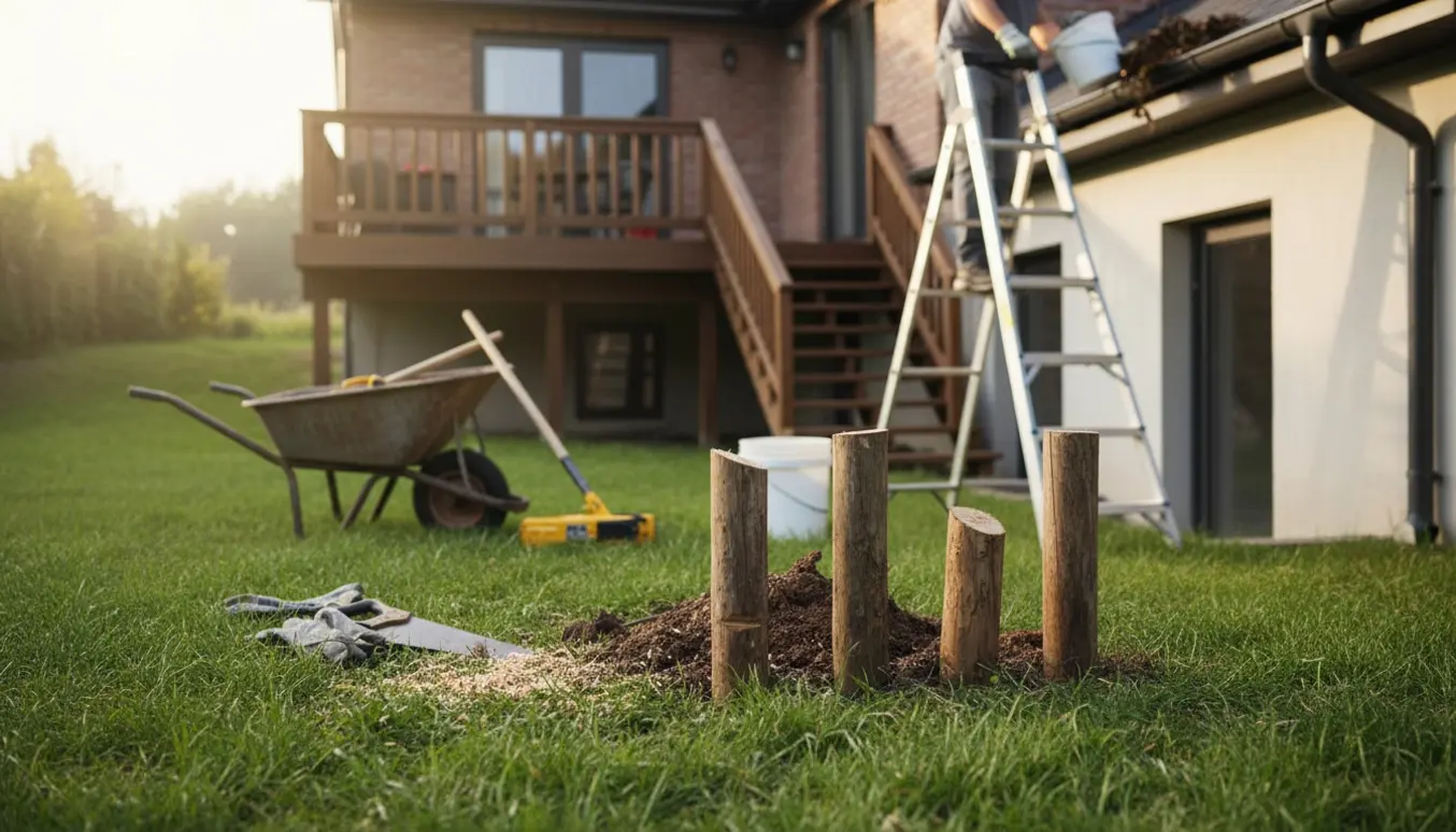 Værktøj og sav ved nedsavede stolper i græsset mens en person rensker tagrender fra en stige ved terrassen.