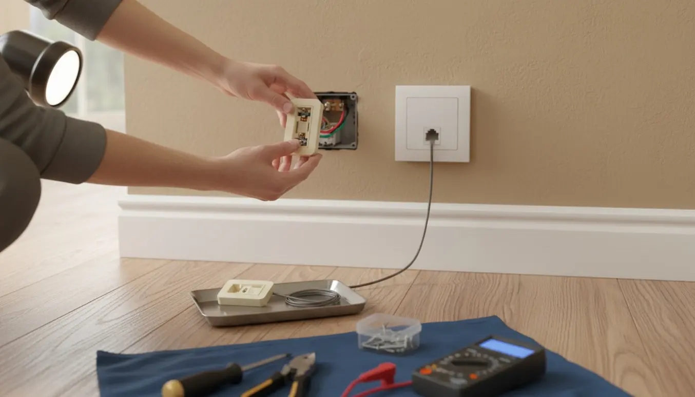 Nærbillede af hænder, der udskifter et gammelt telefonstik med en almindelig stikkontakt ved siden af et internetstik.