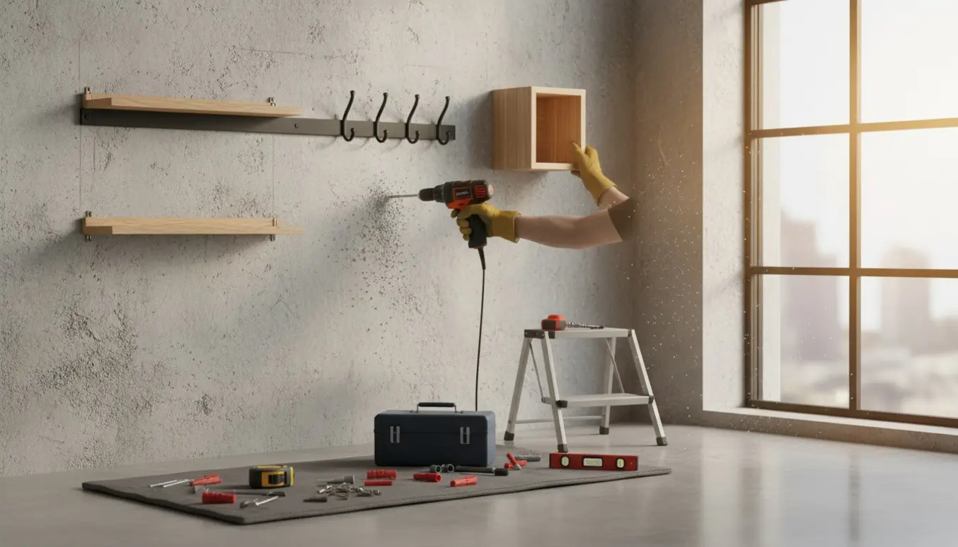 Montering af gallerihylder, knagerække og væghængt pynteskab på en hård mur med slagboremaskine og skruer.