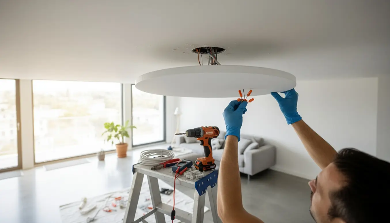 Person på en trinladder monterer en lav tallerkenformet loftlampe og forbinder ledningerne, med boreværktøj og kabel klar.