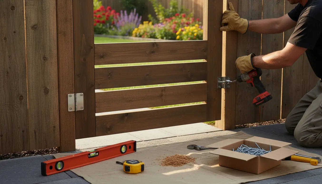 Hænder monterer en ny havelåge i et hul i træhegnet med boremaskine og vaterpas.