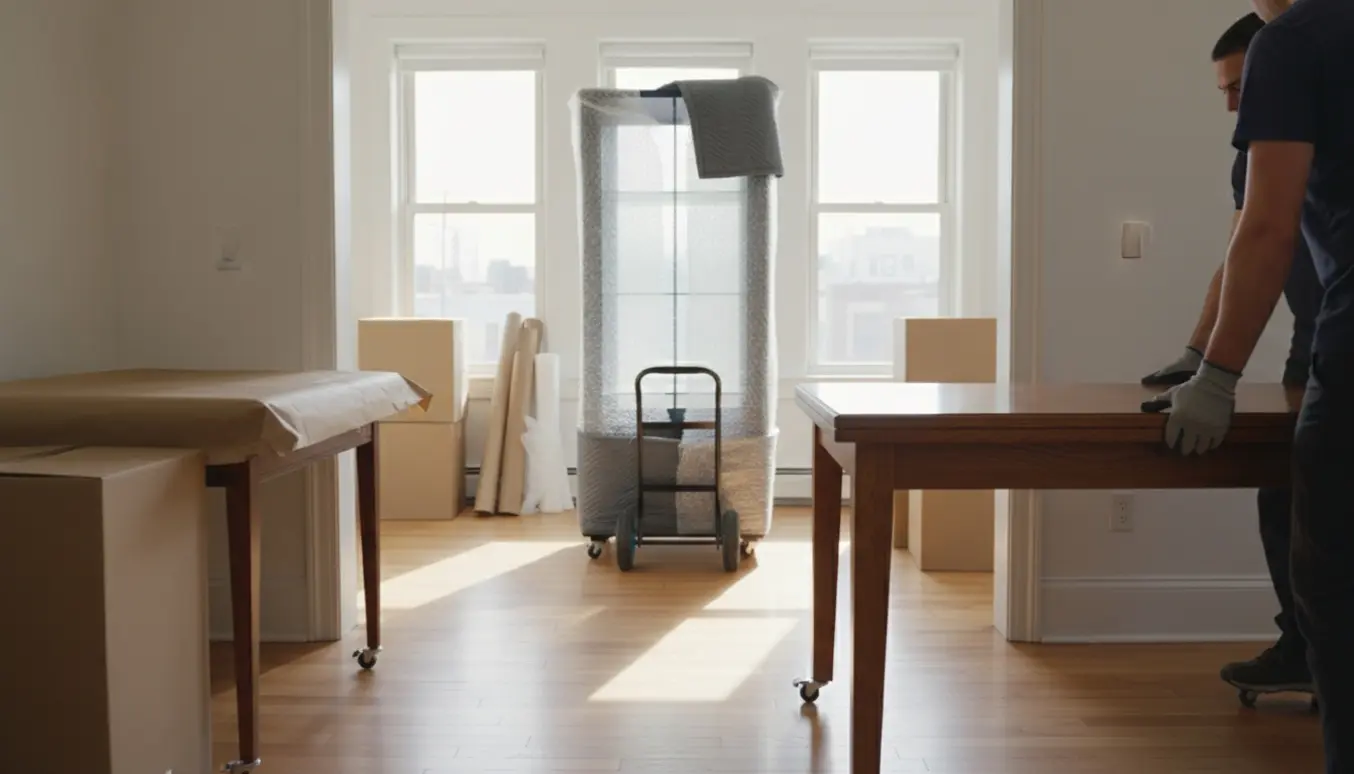 Flyttefolk bærer et spisebord, et skrivebord og et indpakket glasvitrineskab ind i en lys lejlighed.
