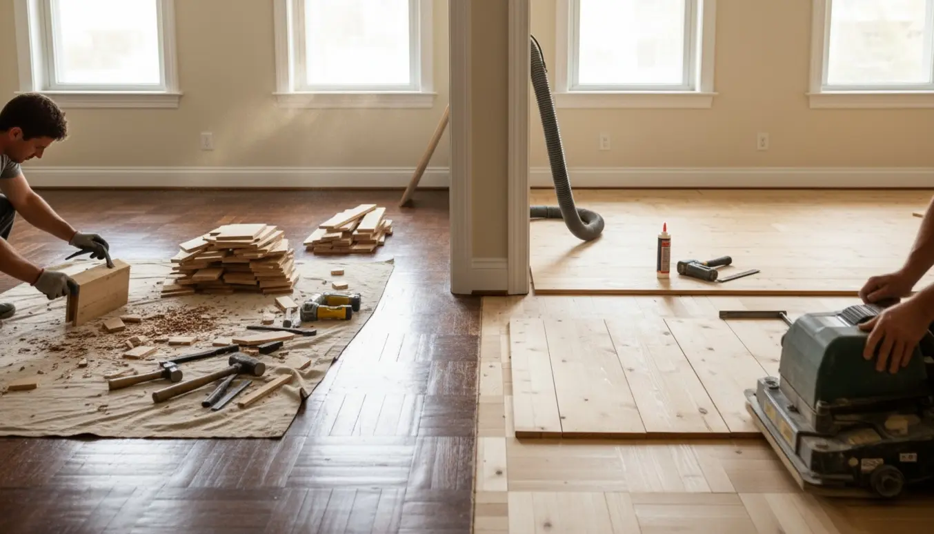 To stuer med fjernet parket, nye fyrretræsgulve under lægning og en gulvslibemaskine i arbejde.