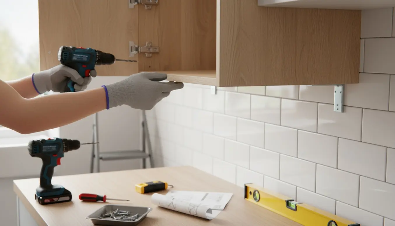 Montage af et lille køkkenskab på væggen med værktøj og hænder i arbejde.