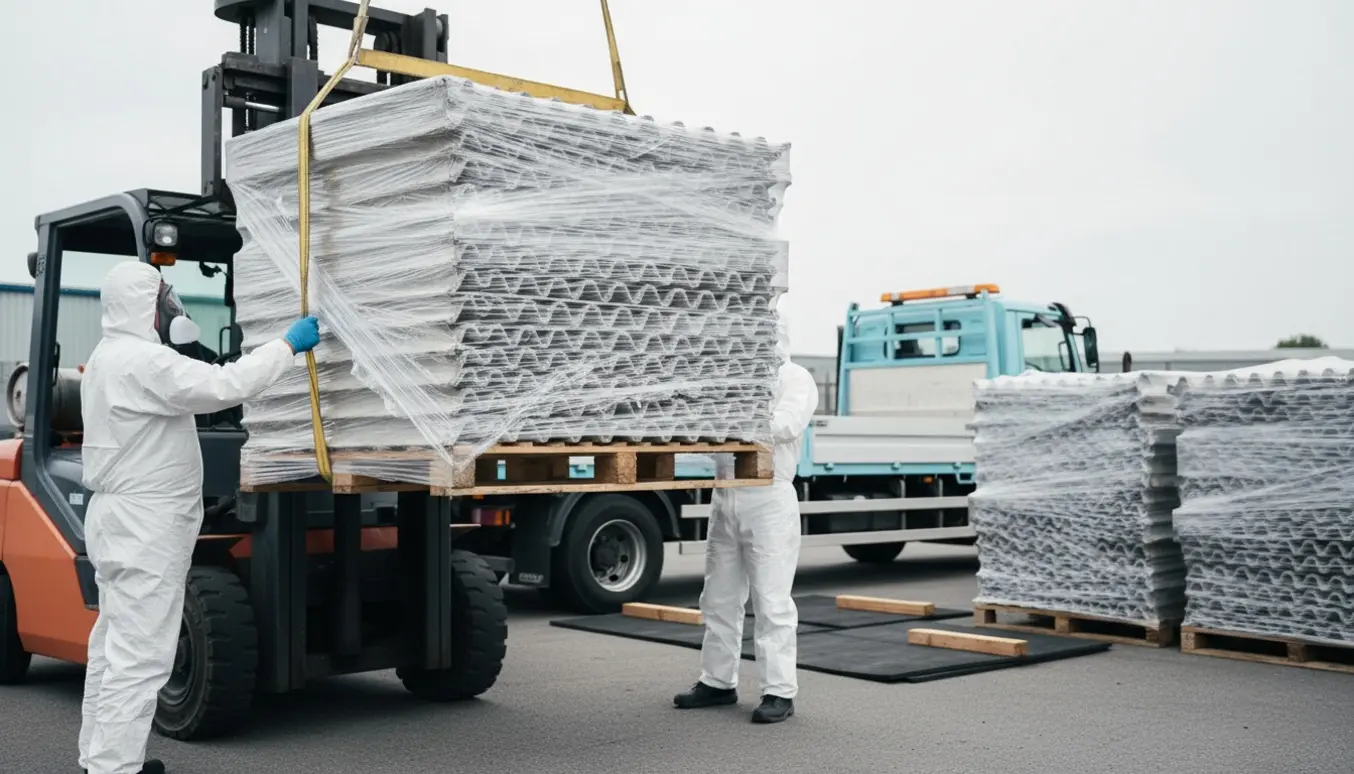Indpakkede asbest tagplader på paller klar til flytning med gaffeltruck og håndværkere i beskyttelsesudstyr.