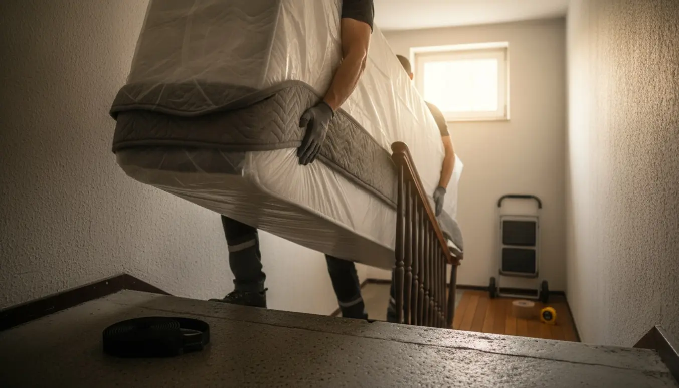 En 140x200 boxmadras bæres op ad trappen fra kælderen til 1. sal, med hænder og værktøj synlige, uden tydelige ansigter.