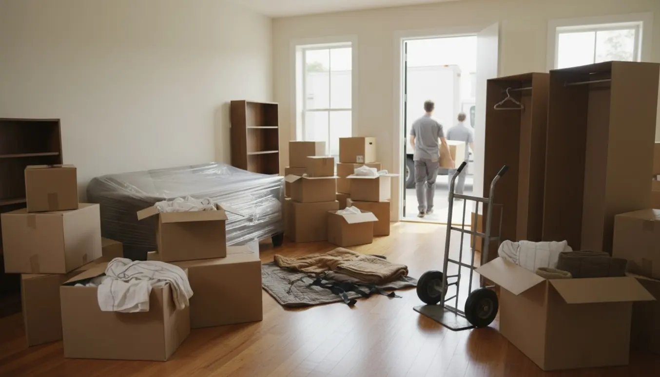 Stue fyldt med flyttekasser og møbler under en flytning, med to personer set bagfra og en åben dør til en flyttevogn.