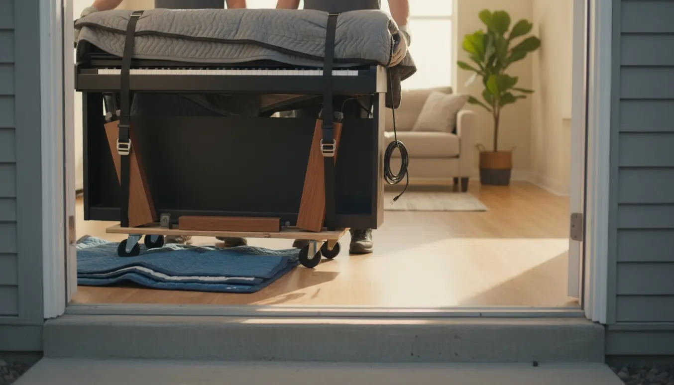 Elektronisk piano med afmonterede ben på dolly ved hoveddør, klar til at blive flyttet ind.