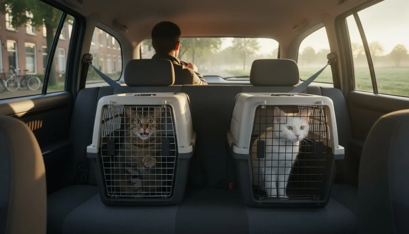 To katte i sikrede transportkasser på bilens bagsæde i blødt morgenslys på vej fra by til land.