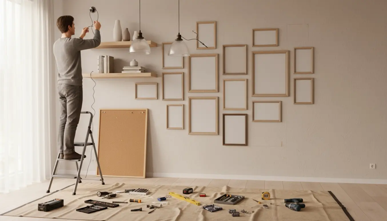 Væg med omkring 20 rammer, opslagstavle, to hylder og to lamper under ophængning med værktøj i forgrunden.