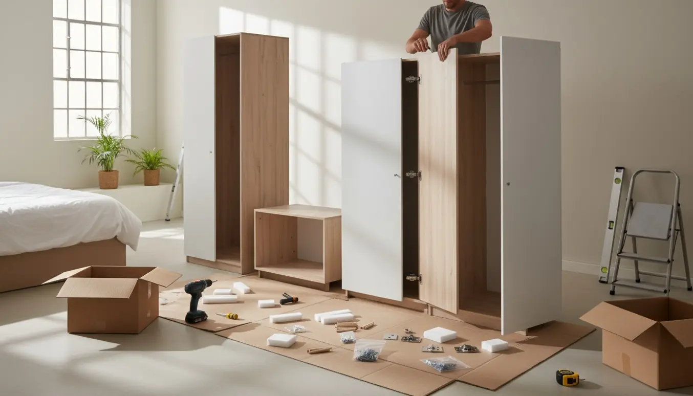 To høje og to lave garderobeskabe samles i et lyst rum med værktøj og døre klar til montering.