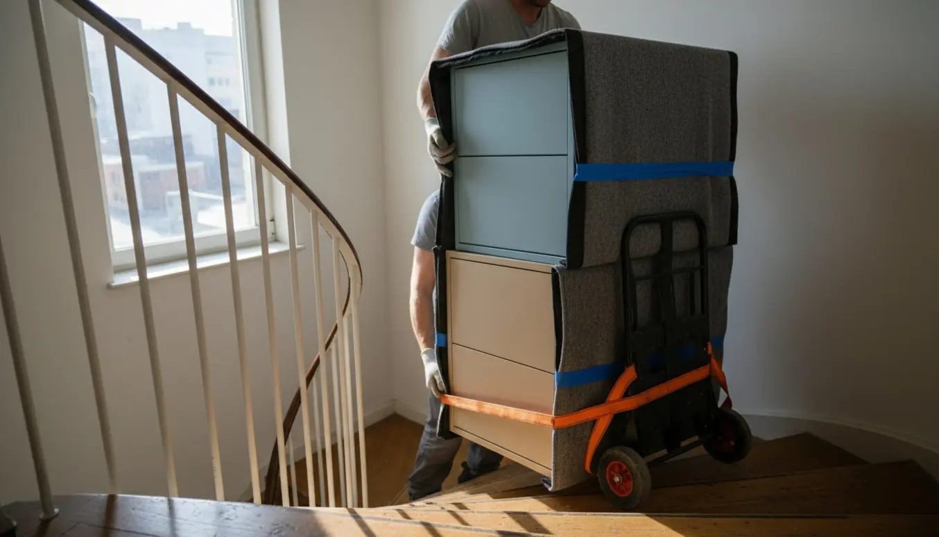 To flyttefolk bærer to skuffemoduler op ad en lys opgang med tæpper og løftestropper.