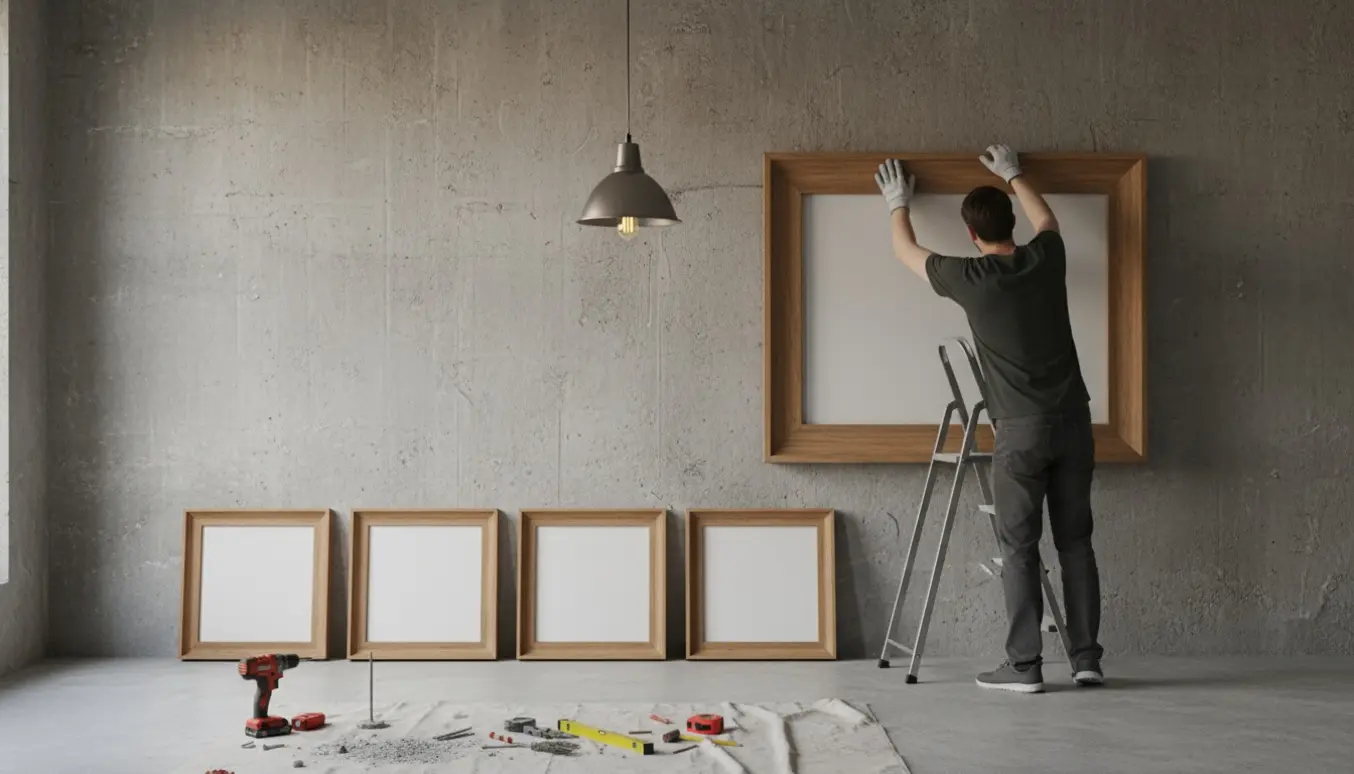 Hænder hænger to store og fire mindre billedrammer op på en rå betonvæg under en loftslampe.