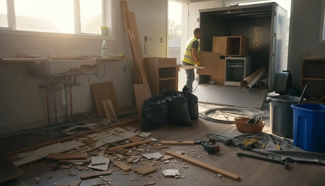 Et nyligt nedrevet køkken med fjernede hårde hvidevarer og en åben trailer ved huset klar til at blive fyldt.