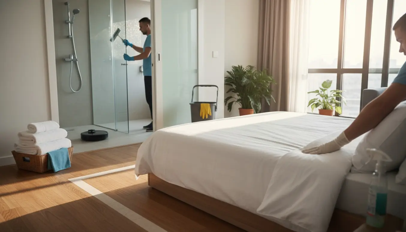 Hænder retter sengetøj og lægger friske håndklæder frem i en lys lejlighed klar til udlejning.