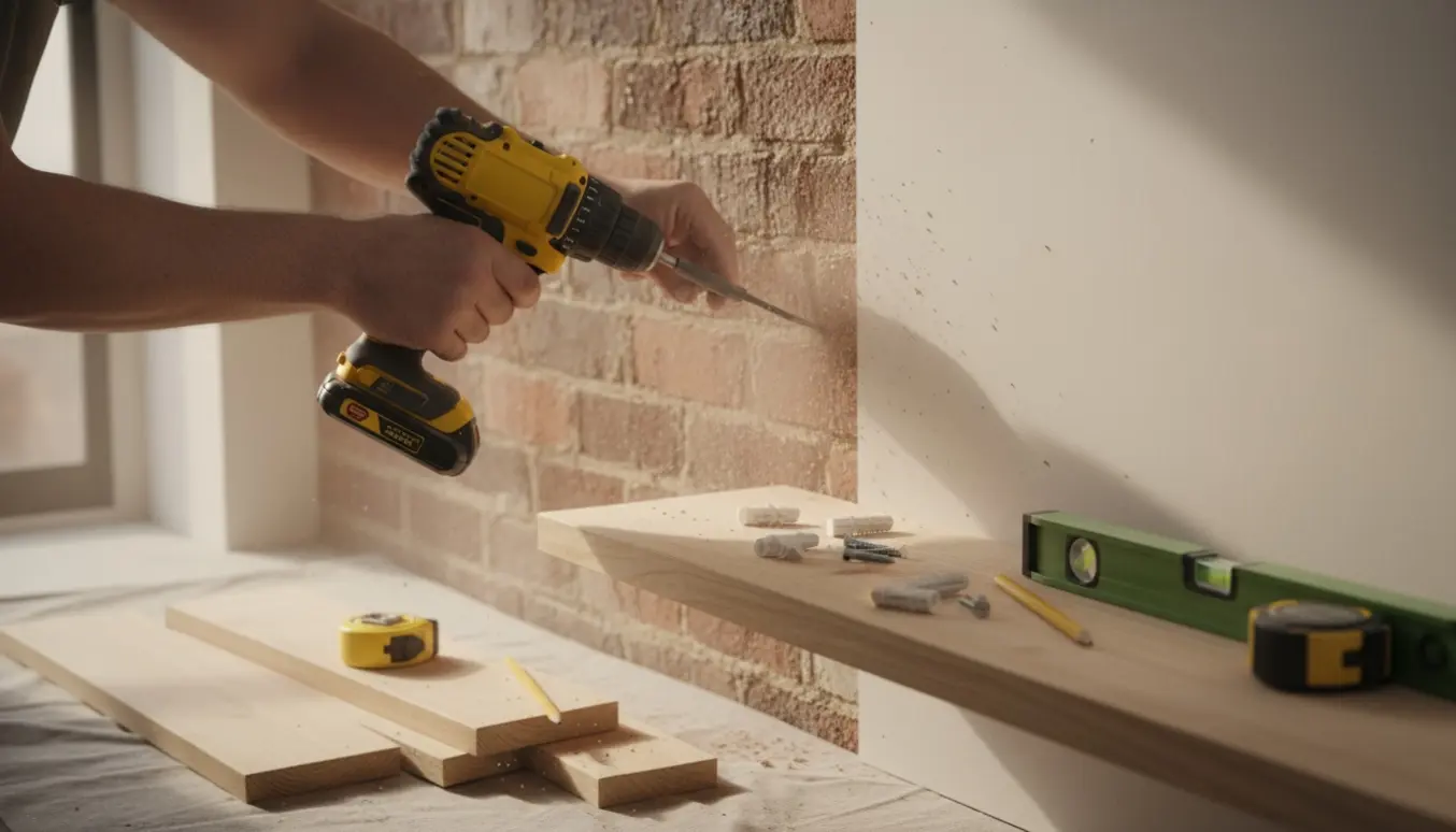 Hænder monterer en træhylde med lister mod en murstens- og gipsvæg med en boremaskine.