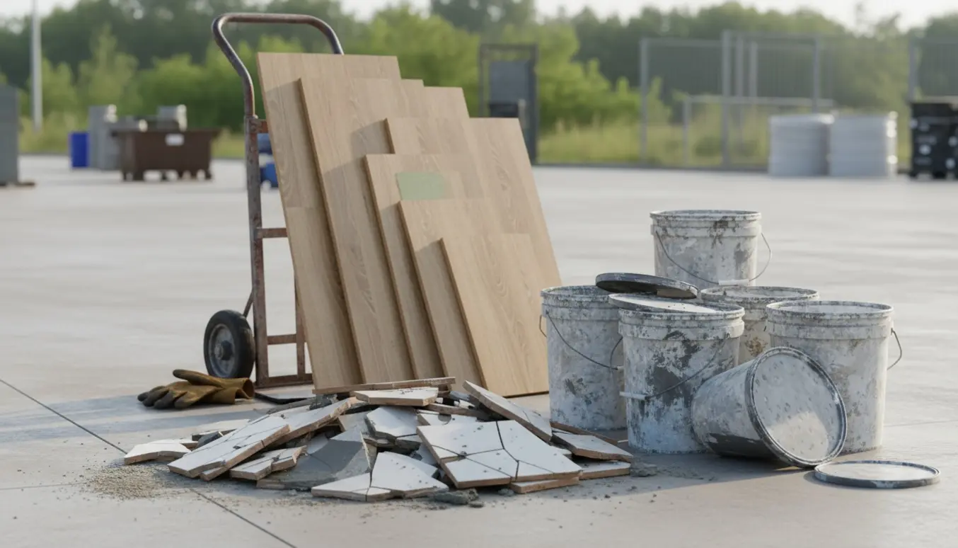 Byggeaffald ved genbrugsplads med gamle fliser, brugte malerspande og gulvpaneler.