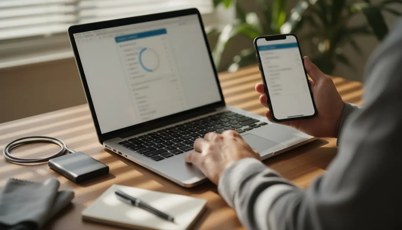 Hænder tjekker en bærbar og smartphone ved et ryddeligt skrivebord med eksternt drev for mailsynkronisering og lagringsoptimering.