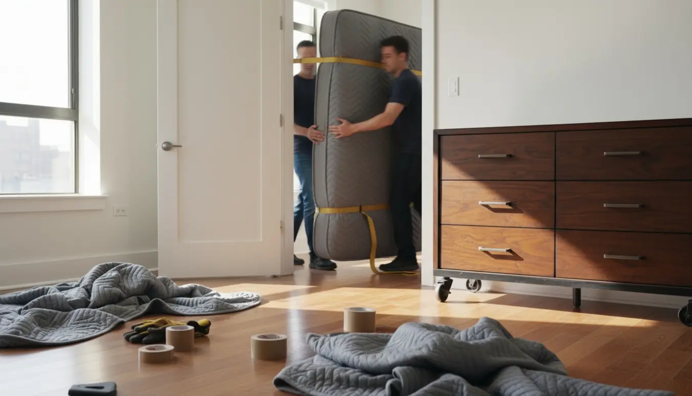 Flyttemænd bærer en stor dobbeltseng (180x200) og en trækommode gennem en lys lejlighedsgang.