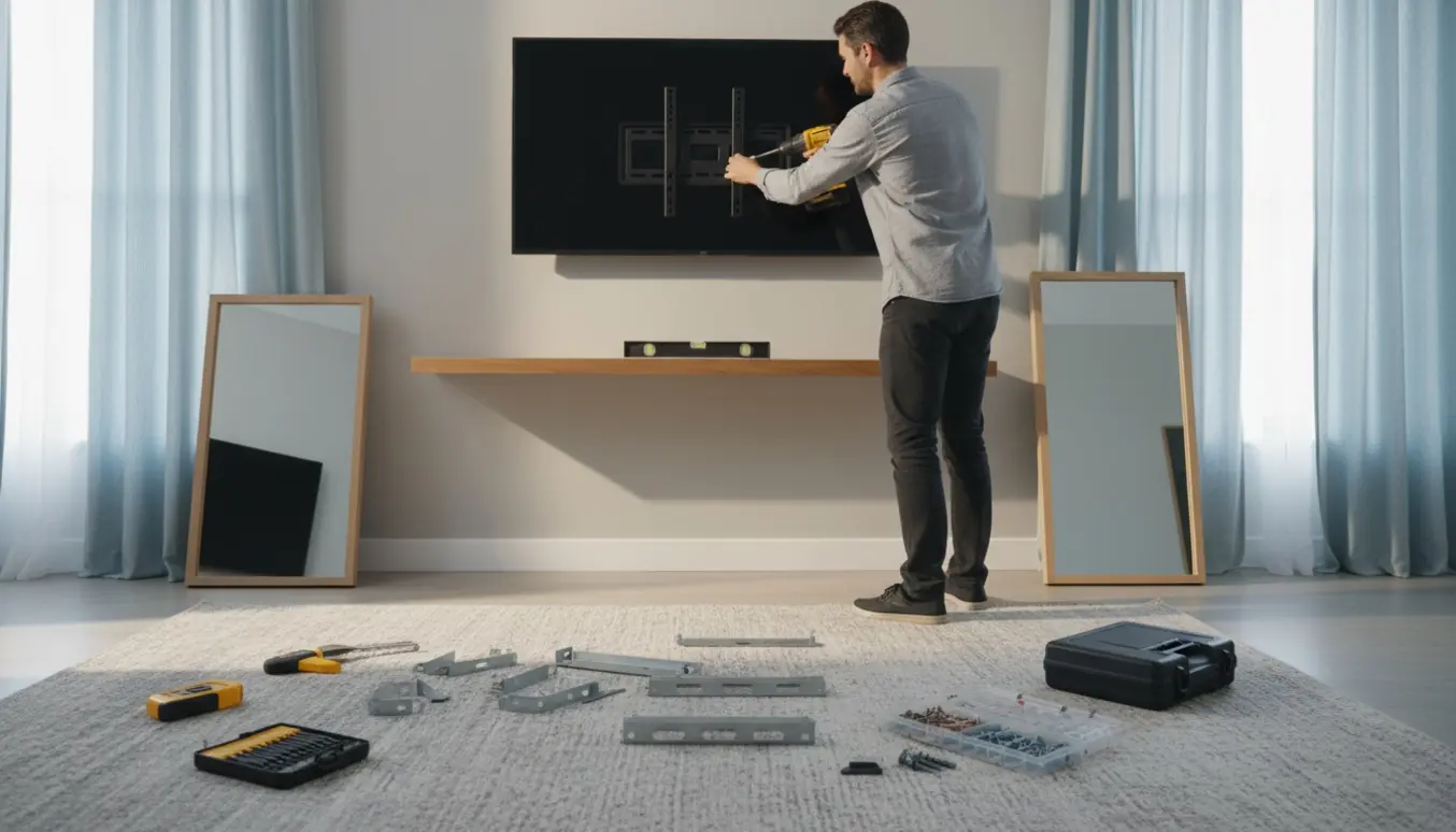 Montage af TV, to spejle, hylde og fire gardiner i en lys, moderne stue med værktøj synligt.