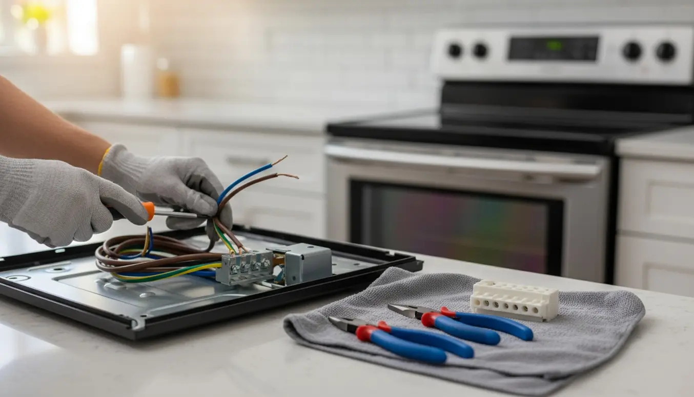 Hænder i handsker tilslutter en fast ledning til komfurets installationsboks i et lyst, moderne køkken.