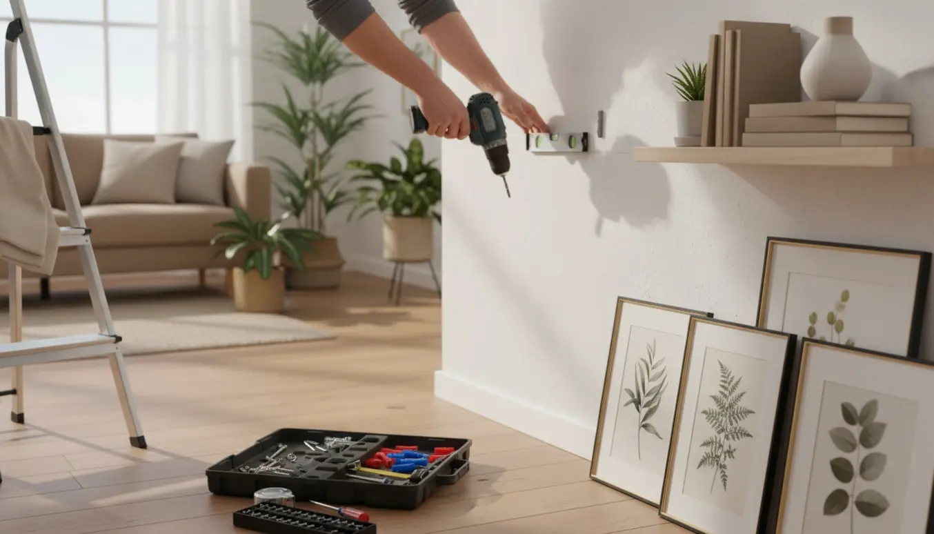 Hænder hænger hylder og billeder op i en lys stue med værktøj og boremaskine.