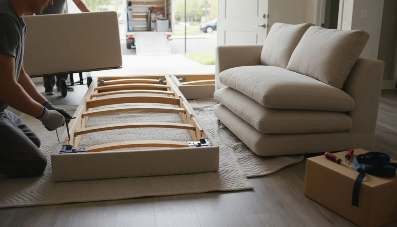 Sektionel sofa adskilles og flyttes i en lys lejlighed med puder og værktøj på flyttetæpper.