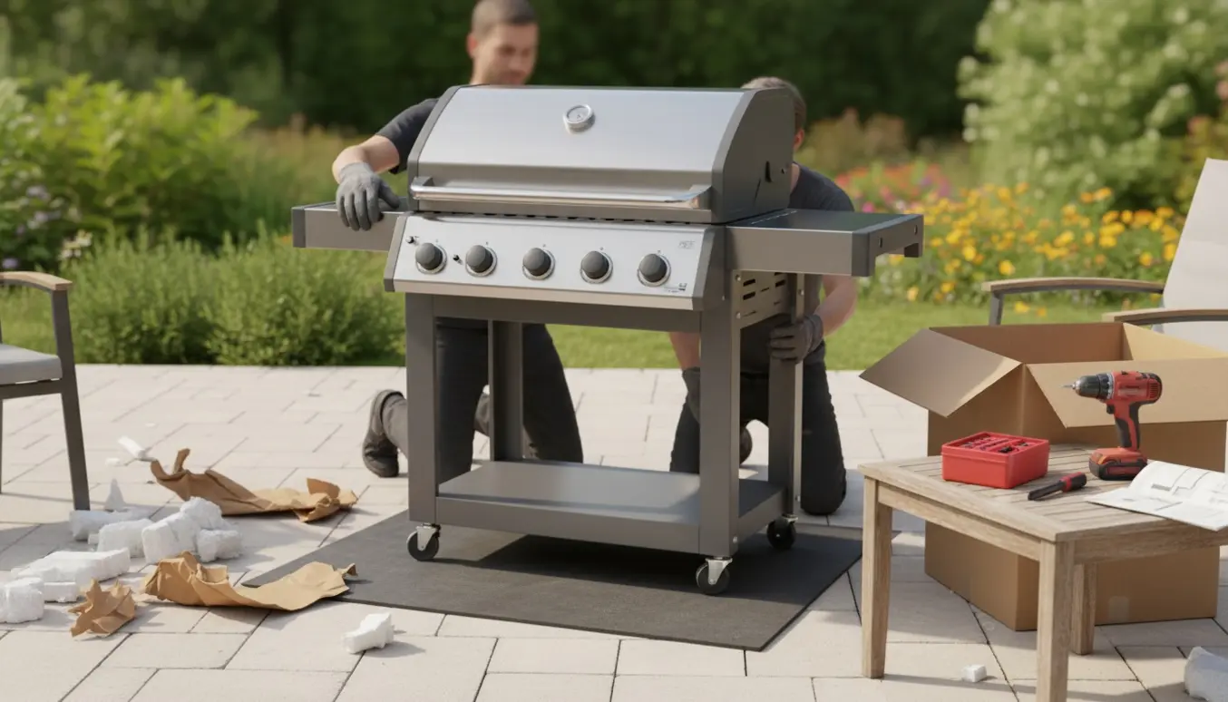 To personer løfter en ny grill fra en åben papkasse og placerer den på en grillvogn på en solrig terrasse.