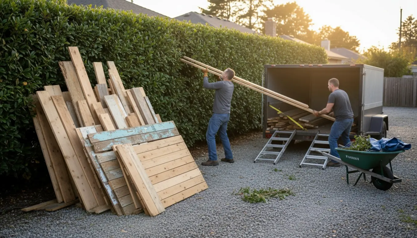 Brædder løftes over en hæk i en villahave for at blive læsset i en trailer.